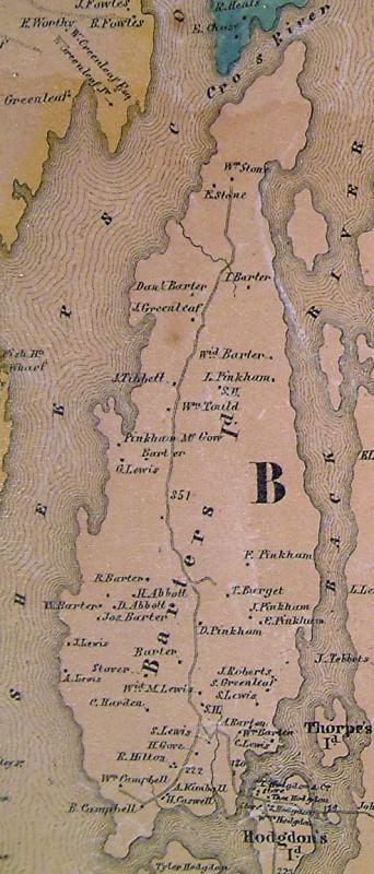 This section of the 1857 Lincoln County map shows the houses on Barters Island. There were then about 44 houses on the island, mostly lived in by Barters and their relatives. Courtesy of Boothbay Region Historical Society