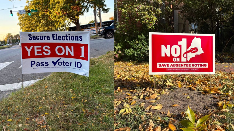 (Photo by Stephanie McFeeters, courtesy Maine Monitor) yard signs for both sides of the issue addressed in question 1.